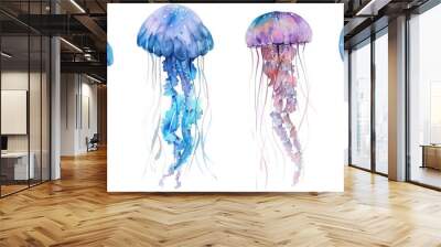 set of jellyfish on an isolated white background, watercolor illustration, hand drawing Wall mural