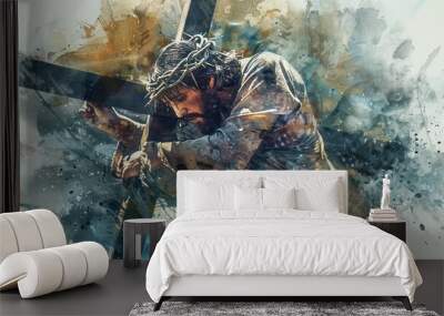 Simon of Cyrene helps Jesus carry the Cross. Digital watercolor painting Wall mural