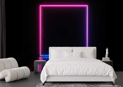 Square rectangle picture frame with two tone neon color motion graphic on isolated black background. 3D illustration rendering. Empty copy space Wall mural