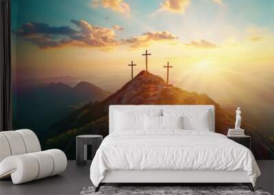 Three crosses on top of the mountain in the sunlight. Christian symbols Wall mural