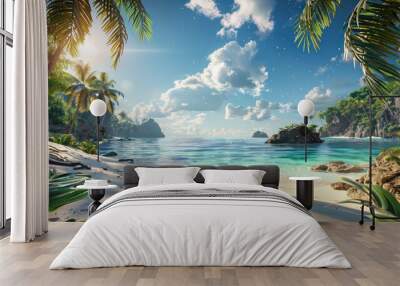 Tropical paradise beach, beautiful magical palm trees hanging on the seashore. Wall mural