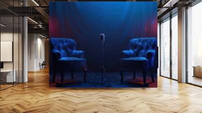 two chairs and microphones in podcast or interview room isolated on dark background Wall mural