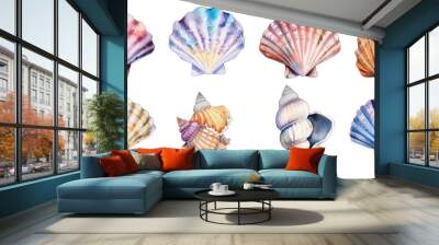 Watercolor seashells collection isolated on white background. Ocean marine sea element graphic design. illustration Wall mural