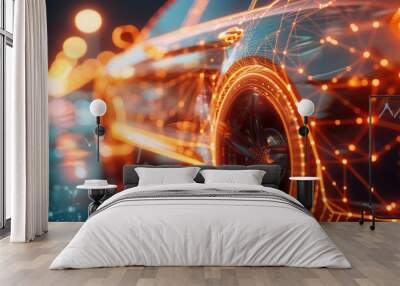 White car made of an abstract polygon network - warm orange blurred glowing network in the background Wall mural