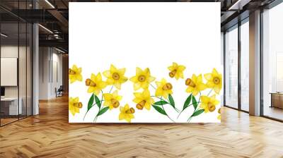 seamless decorative border with daffodil flowers, banner design with watercolor spring daffodil flower and copy space, beautiful springtime floral ornament Wall mural