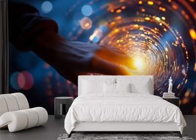  hand touching spinning vortex of light and data particles,  data flow visualization backgrounds Wall mural