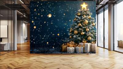 A beautifully decorated Christmas tree with golden ornaments and star topper, surrounded by elegantly wrapped presents, set against a sparkling night sky with falling snow Wall mural