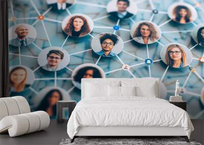 A diverse network of interconnected people portraits symbolizing social connections and professional networking Wall mural