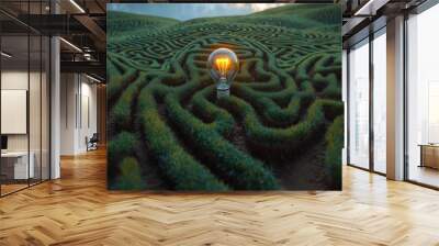 A glowing lightbulb sits at the center of a sprawling, green maze, symbolizing an idea or solution within a complex problem Wall mural