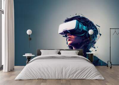 Abstract depiction of woman using Vr set banner, Generative AI illustration Wall mural