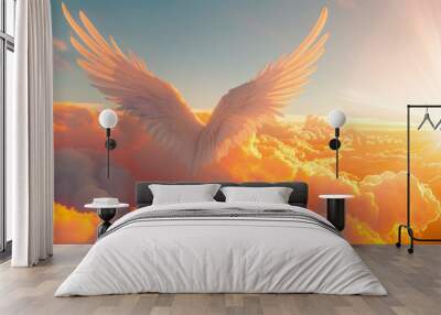 Abstract view of angel wings flying in the sky in front of majestic sunset, religion and salvation concepts Wall mural