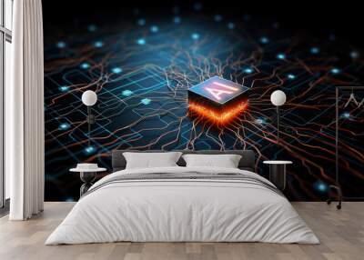 AI chip with neuronal network on circuit board, Generative Ai illustration Wall mural