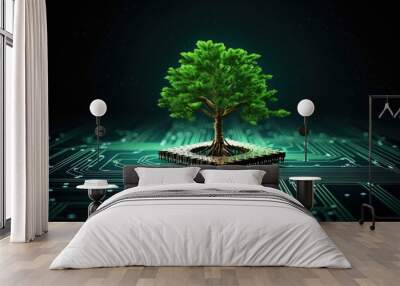 Digital green tree on computer circuit board, innovation and sustainability concept, Generative AI illustration Wall mural