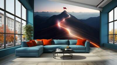 Glowing path leading to success concept with flag on peak of mountain Wall mural