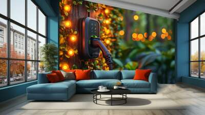 Green electric car charging plug, ev charging Wall mural