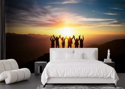 Group of people cheering and being happy on mountain top at sunset, Generative AI illustration Wall mural