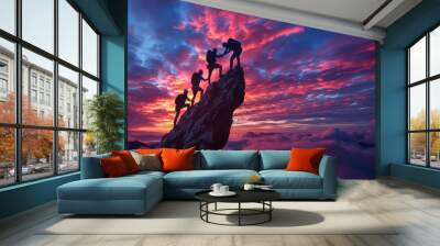 Help and teamwork concepts with silhouette of climbers helping each other reach the top of mountain Wall mural