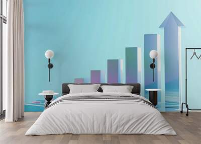 Iridescent glass financial bar graph rising upwards on a light blue background symbolizing futuristic economic growth Wall mural