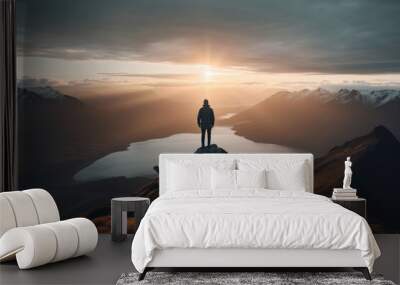 Man standing on mountain top in the morning overlooking lake between mountains, Generative AI illustration Wall mural