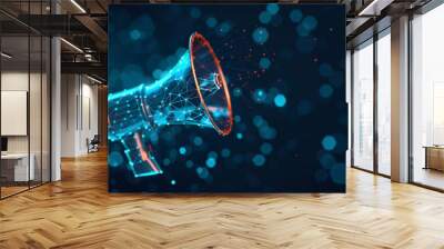 Megaphone. Low poly wireframe marketing blue background or concept with hand loudspeaker Wall mural