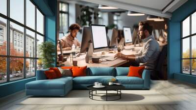 Modern office with people working late on computers in panoramic scene with copy space Wall mural