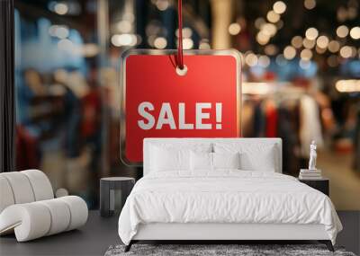 Red sale tag hanging in a retail store with a blurred background of clothes and lights, representing retail sales, discounts, and promotions in a stylish and inviting shopping environment Wall mural