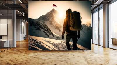 Setting up goals concept, mountain climber going towards flag on mountain top, Generative AI illustration Wall mural