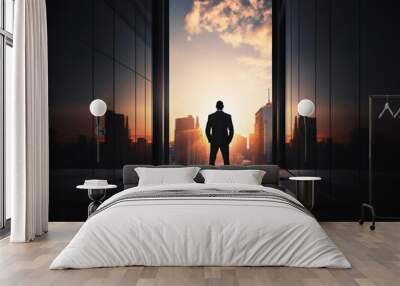 Silhouette of business man following his ambitions, Generative Ai illustration Wall mural