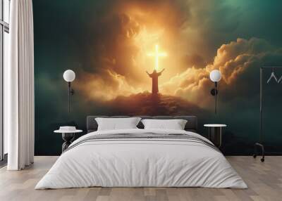 Silhouette of person praying to GOD in front of majestic clouds with glowing cross Wall mural