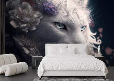 Surreal white cat portrait. Generative AI illustration Wall mural