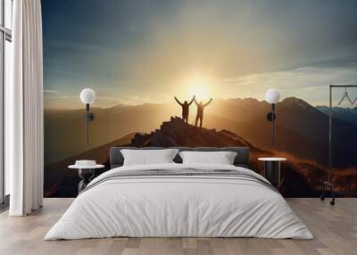 Two people silhouette with arms raised up on mountain top at sunset. Generative AI illustration Wall mural