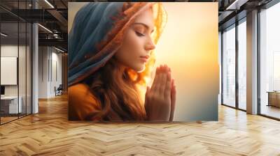 Woman Christian worshiper praying to God Wall mural