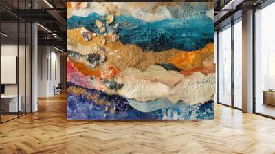 Abstract Collage with Gold Glitter, Blue, and Multicolored Layers Wall mural