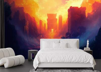 Ancient Ruins Leading Upwards Through a Blazing Sky Wall mural