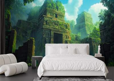 Ancient Stone Temple Overgrown with Lush Vegetation Wall mural