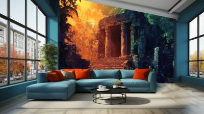 Ancient Stone Temple Ruins Overgrown with Lush Tropical Foliage Wall mural