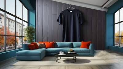 Black T-Shirt Hanging on a Wooden Wall Wall mural