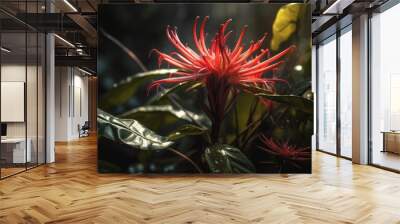 Red exotic flower in bloom with long thin petals and green leaves in the background Wall mural