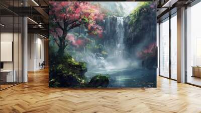 Tranquil Waterfall with Blooming Trees in a Lush Forest Wall mural