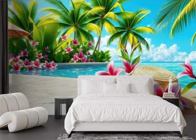 Tropical Paradise with Flowers and Straw Hat by the Pool Wall mural