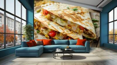 Two Golden-Brown Quesadillas Filled with Melted Cheese, Peppers, Corn, and Onions Wall mural