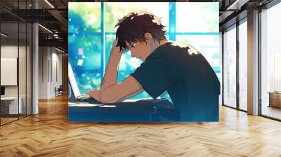 Anime Boy Working on Laptop in Sunlit Room Wall mural