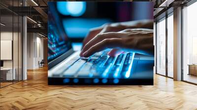 Business concept. Photo close up of Businessman hand is typing with a laptop keyboard. Doing work, surfing internet, chatting, research market data. Generative AI Wall mural