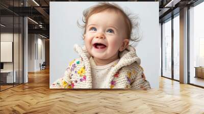 Cute baby girl standing and laughing. Small little caucasian baby showing happy expression. Isolated on white background. Generative AI Wall mural