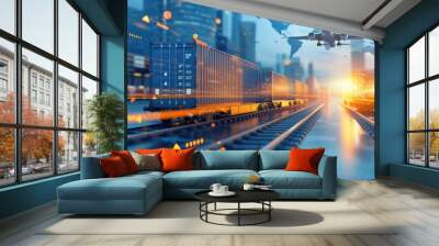 Freight train delivering cargo container with airplane taking off from global network city in background Wall mural