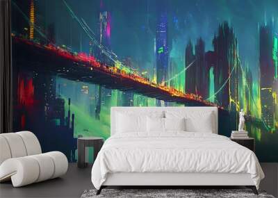 Futuristic Cityscape with Elevated Bridge and Vibrant Lights Wall mural