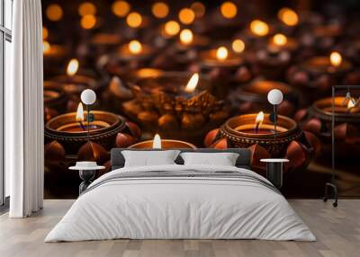 Happy Dawali concept, photo of many illuminated diya or clay oil lamp Wall mural