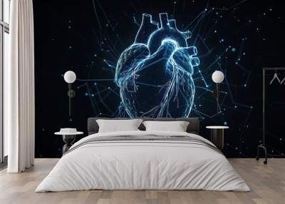 Heart icon from glowing blue lines on dark background with copy space. Human heart hologram, for futuristic medical and health care technology concept. Wall mural