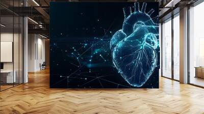 Heart icon from glowing blue lines on dark background with copy space. Human heart hologram, for futuristic medical and health care technology concept. Wall mural