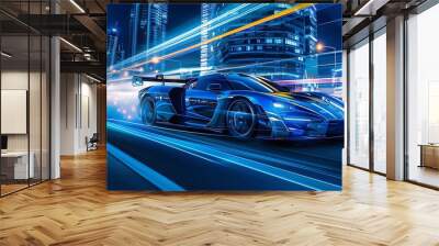 Long exposure of motion sport car on modern city night background Wall mural